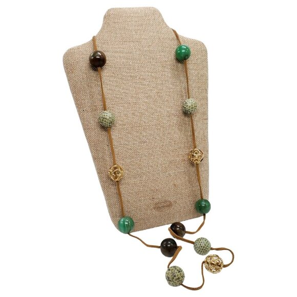 Vintage Signed Monet Set Necklace 38" Earrings 2" Green Bead Gold Tone Suede - Picture 3 of 12